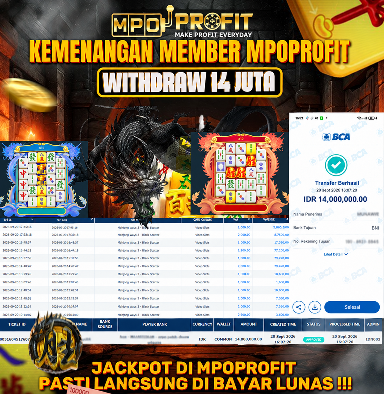 MPOPROFIT JACKPOT SLOT PRAGMATIC! KEMENANGAN MURNI DI (MAHJONG BLACK SACTTER  TOTAL 14.000.000,- LUNAS)